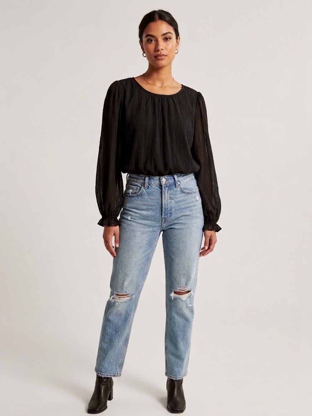JODIFL Black Crinkle Pleated Long-Sleeve Blouse, Women’s Size Small
